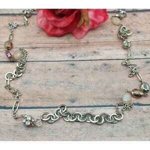 Loft Brushed Gold Tone Chain & Bead Station Necklace Crystals 36" Long